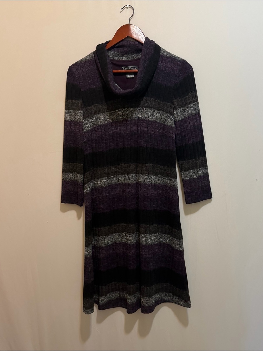 Jessica Howard Purple, Gray & Black Striped Cowl-Neck Sweater Dress